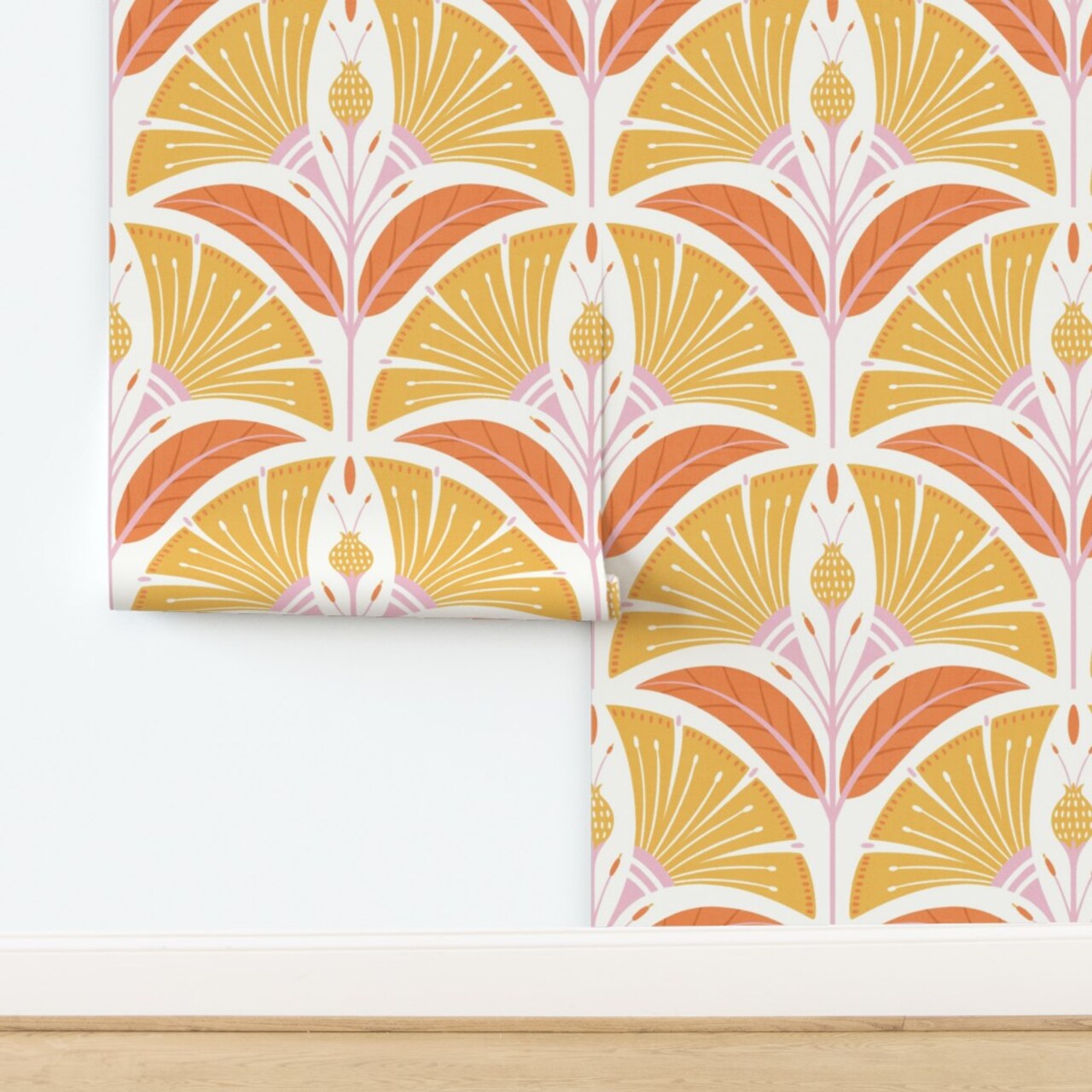 Art Deco Flowers Yellow Orange Pink Large Scale Geometric Scallop Mid Century Bold Custom Removable Wallpaper by Spoonflower Peel & Stick Wallpaper 2FT Wide